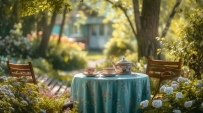 2507 A table carrying teapot under the trees