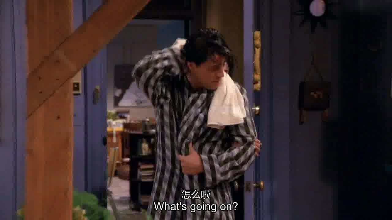 (dragged in by Monica, he has just gotten out of the shower) What's going on.jpg